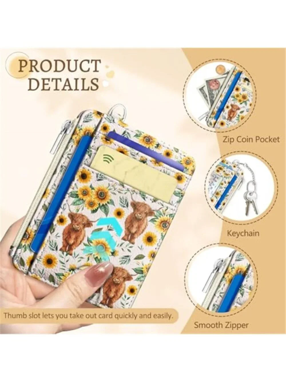Highland Cow Sunflower Floral RFID Womens Slim Wallet Card Holder Coin Purse